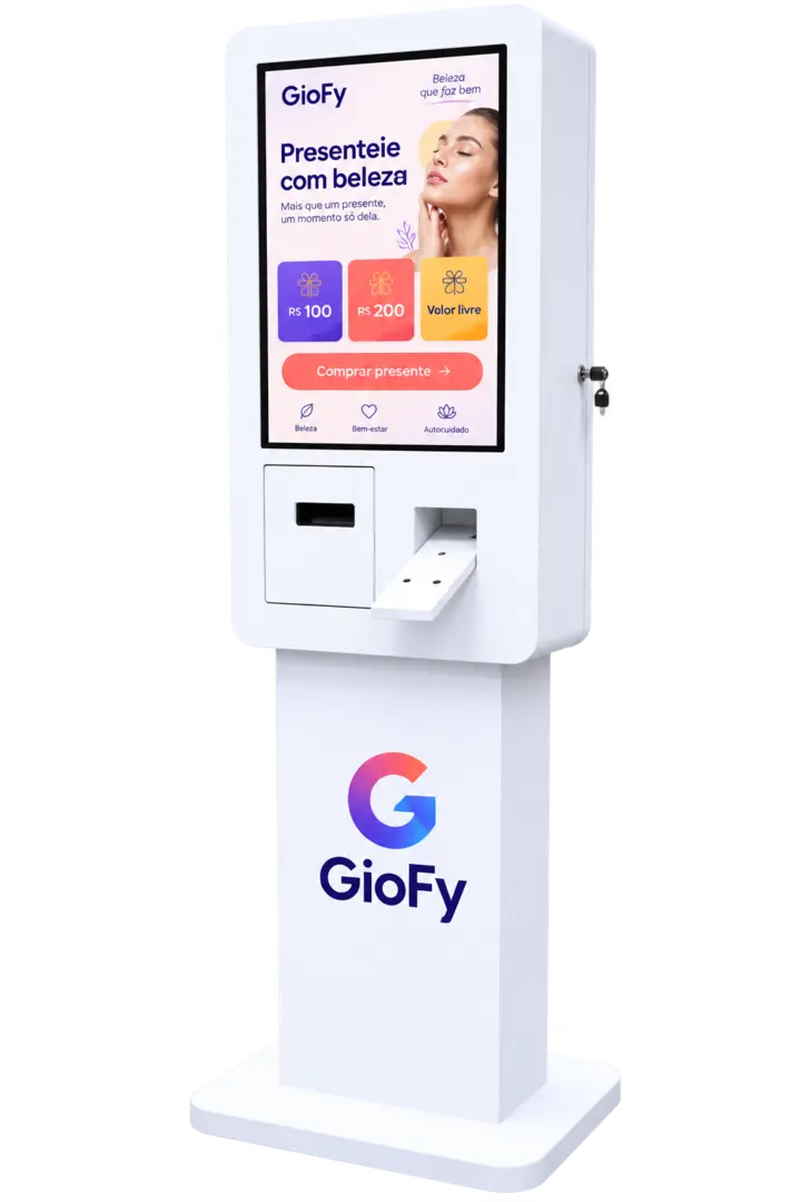 Totem GioFy exibindo a compra de cartão-presente